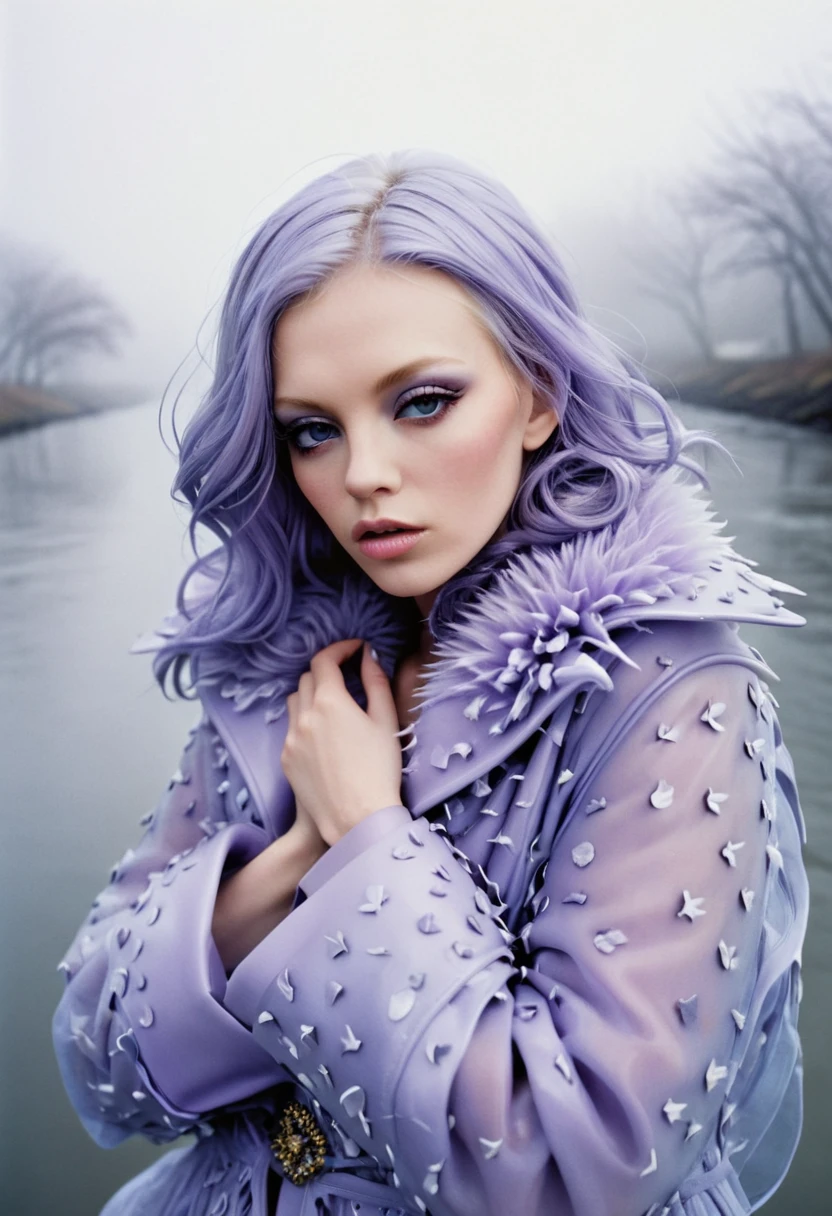 Close-up portrait by the artist Steven Meisel photographer of a woman in a crazy in a moth blue-lilac fur coat by the designer Alexander McQueen made of rubber, metal and plastic. Sorrowful fashion portrait photography against the river in the fog.