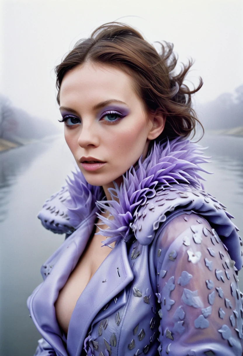 Close-up portrait by the artist Steven Meisel photographer of a woman in a crazy in a moth blue-lilac fur coat by the designer Alexander McQueen made of rubber, metal and plastic. Sorrowful fashion portrait photography against the river in the fog.