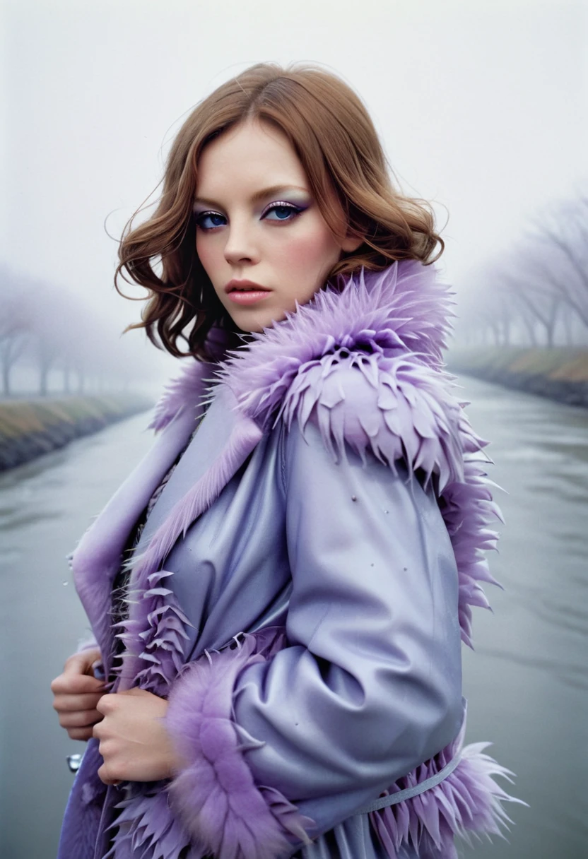 Close-up portrait by the artist Steven Meisel photographer of a woman in a crazy in a moth blue-lilac fur coat by the designer Alexander McQueen made of rubber, metal and plastic. Sorrowful fashion portrait photography against the river in the fog.
