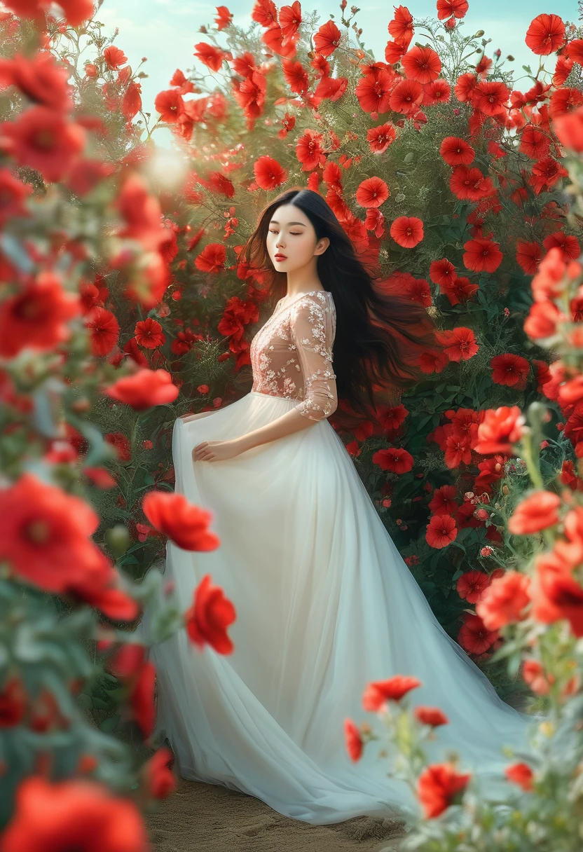 a beautiful girl in a red flower field, masterpiece, (best quality,4k,8k,highres,masterpiece:1.2),ultra-detailed,(realistic,photorealistic,photo-realistic:1.37),HDR,UHD,studio lighting,ultra-fine painting,sharp focus,physically-based rendering,extreme detail description,professional,vivid colors,bokeh,portrait,natural light,cinematic,glowing skin,long flowing hair,elegant dress,graceful pose,serene expression,lush floral background,vibrant red flowers,atmospheric lighting