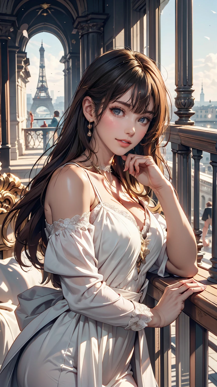 View of the Eiffel Tower from a balcony at the Palace of Versailles、24 year old Caucasian female、Blonde、Wear an off-the-shoulder dress、Place your hands on the balcony railing