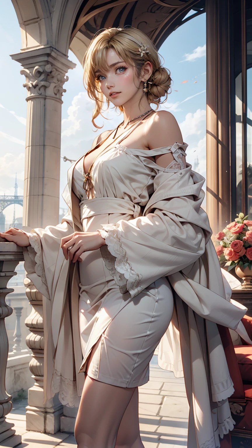 View of the Eiffel Tower from a balcony at the Palace of Versailles、24 year old Caucasian female、Blonde、Wear an off-the-shoulder dress、Place your hands on the balcony railing