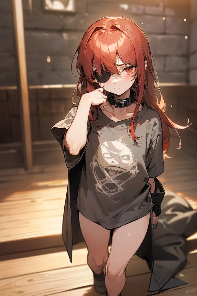 {masterpiece, distinct_image, extremely detailed CG, beautiful eyes and detailed face, 4k, 8k, high_resolution, perfect_finger, medieval style, (beautiful_detailed_eyes:1.3), glitter, black_light, dark_night{(miniboy,shota, slave:1.3), face_focus,full body, looking for_in_viewer, standing},{(shota,slave:1.3) (tattered_very_big_gray T-shirt, no pants, {thick_gray_metal_collar:1.6}, black_right_eyepatch:1.5), (red_hair, red_eyes, long_hair, hair_over_one_eye, one_eye_covered_with_hair, asymmetrical_bangs:1.4), (tired_face, glaring, breathing:1.3), (Middle_Ages_prison_indoor:1.3)}}