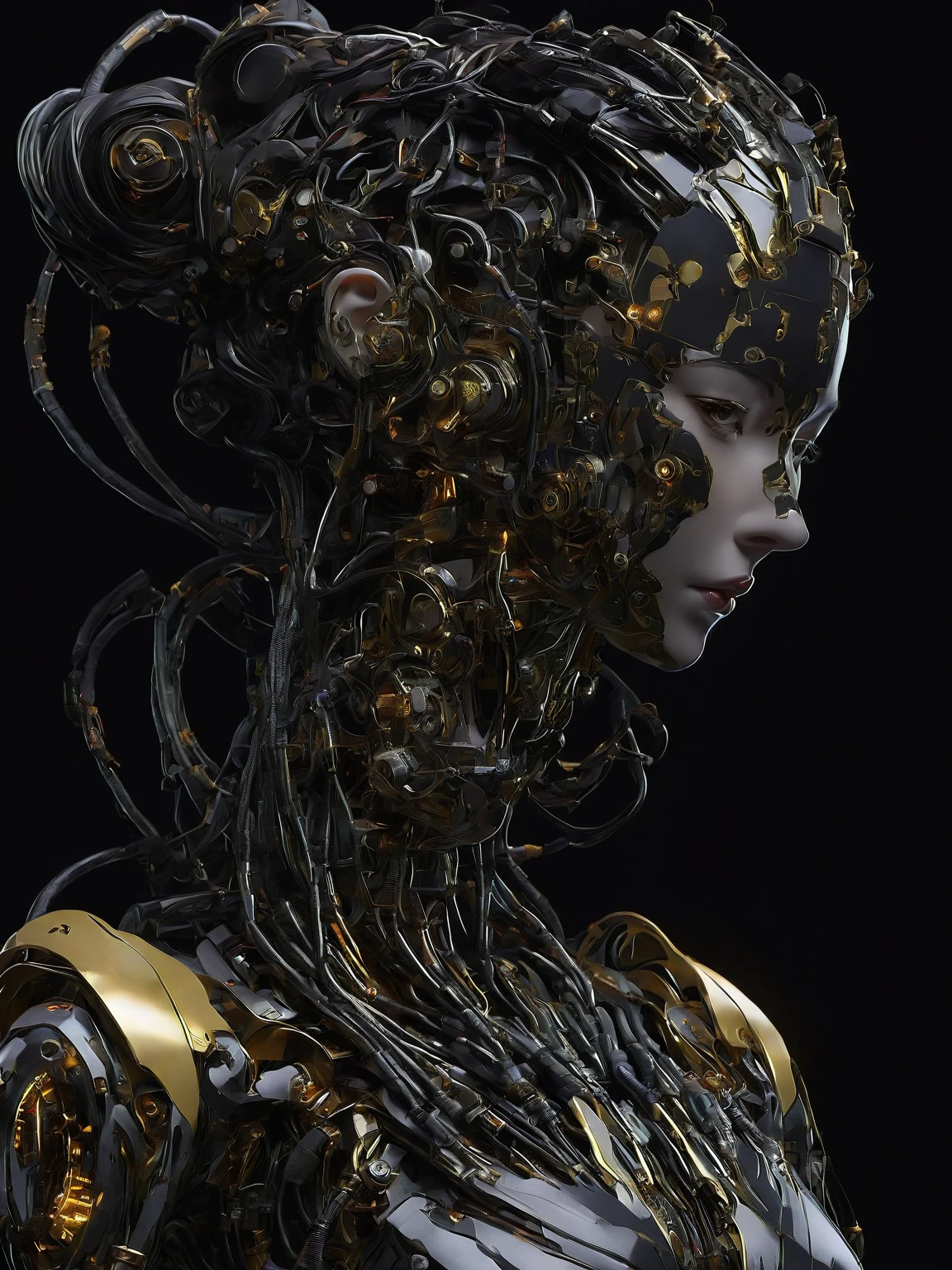 1girl, solo, breasts, black hair, upper body, lips, facial mark, half-closed eyes, robot, black background, science fiction, forehead mark, android, cable, hair pulled back, mechanical parts , 