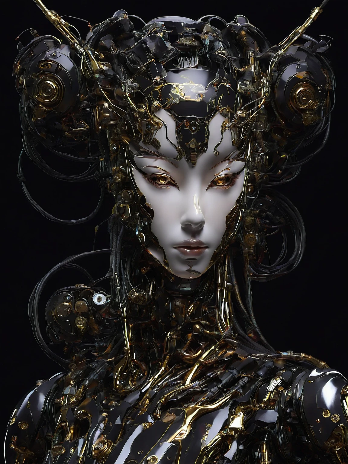 1girl, solo, breasts, black hair, upper body, lips, facial mark, half-closed eyes, robot, black background, science fiction, forehead mark, android, cable, hair pulled back, mechanical parts , 