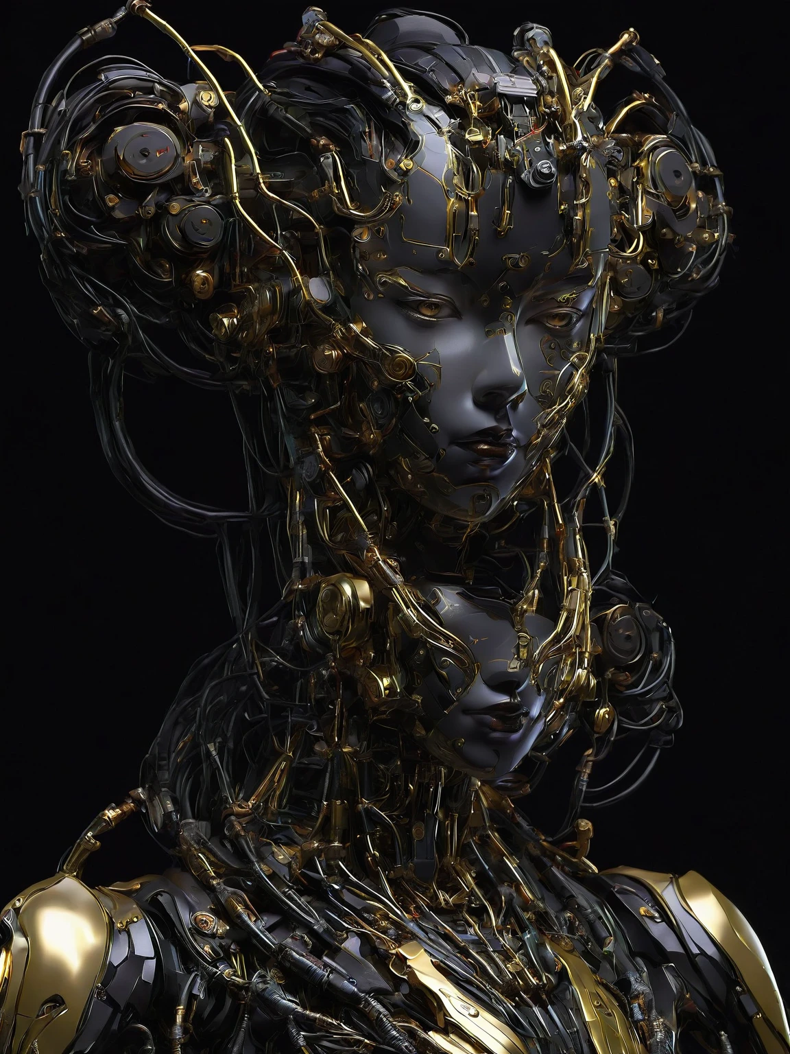 1girl, solo, breasts, black hair, upper body, lips, facial mark, half-closed eyes, robot, black background, science fiction, forehead mark, android, cable, hair pulled back, mechanical parts , 