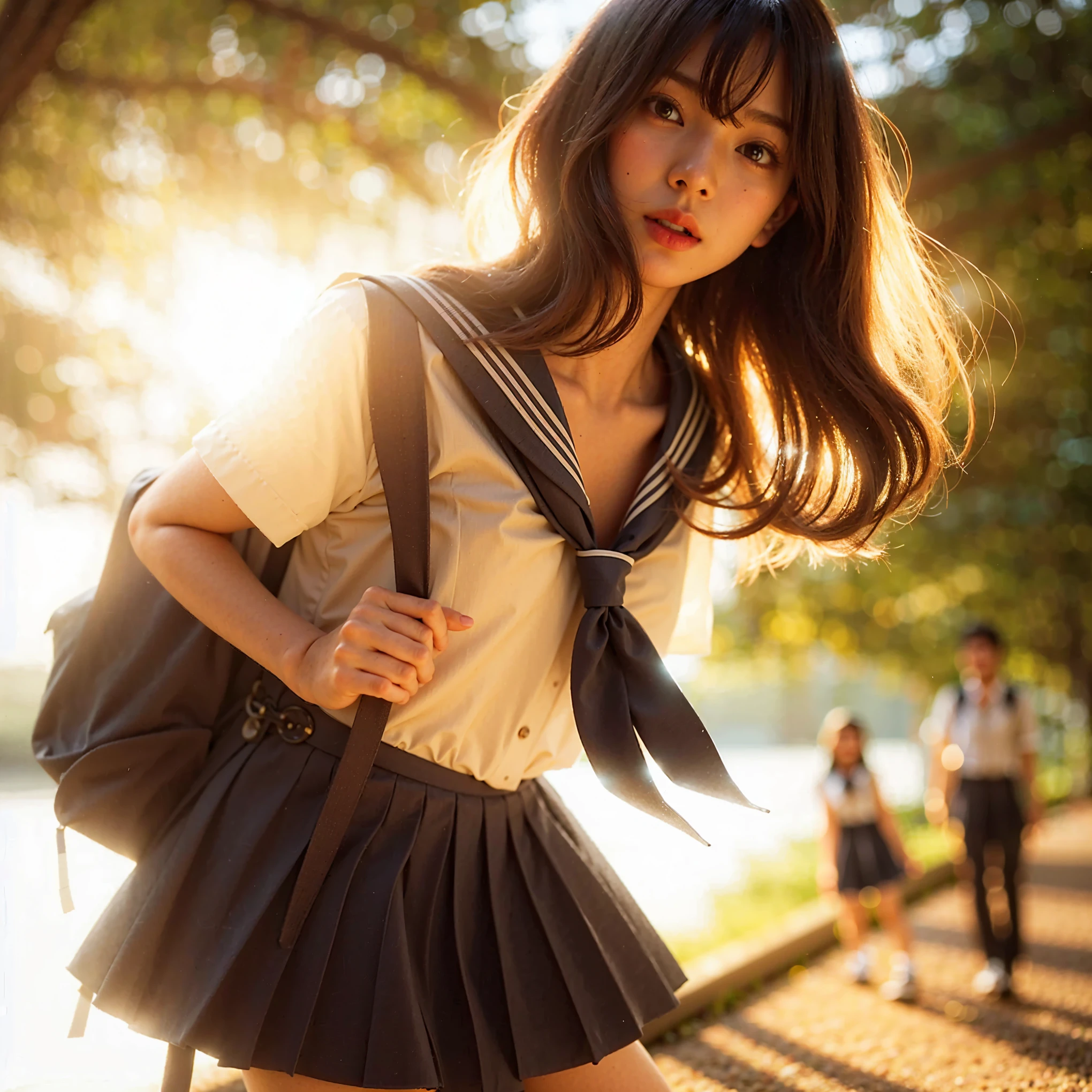 (masterpiece, best quality:1.2), (8k, uhd, ultra high res), professional lighting, (super intricate all details), (super realistic all textures), realistic photo, ultra sharp photo result, superrealism, Lakeside park with sunlight shining through the trees, (school uniform, shirt, skirt), japanese female, 17 years old, , skinny body, flat chest, extremely beautiful face, super detailed face, super real skin, super detailed eyes