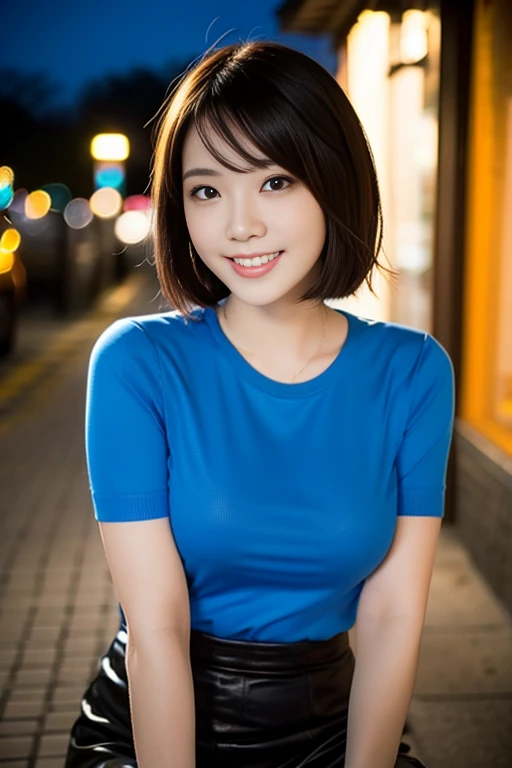 highest quality, table top, Super high resolution, (realistic:1.4), Beautiful woman, Clear gray V-neck shirt, White G-string, cleavage, Blue jeans sleeveless, medium breasts, tight waist, shiny skin, 魅惑的なsmile, Bokeh, smile, pubic hair, 濃いpubic hair, 長いpubic hair, jeans miniskirt, brown hair