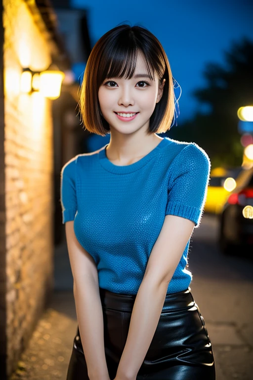 a gorgeous lady, age 22, sky-blue Knit T-shirt and black miniskirt, under night sky, natural pose, dimpled smile, short bob hair, cute snaggleteeth, well-endowed round bosom, photorealistic, beautiful detailed eyes, hyper-realism, high contrast, ultra HD, realistic skin textures, top image quality, top-quality, super high resolution, fine details, very meticulously, bokeh background