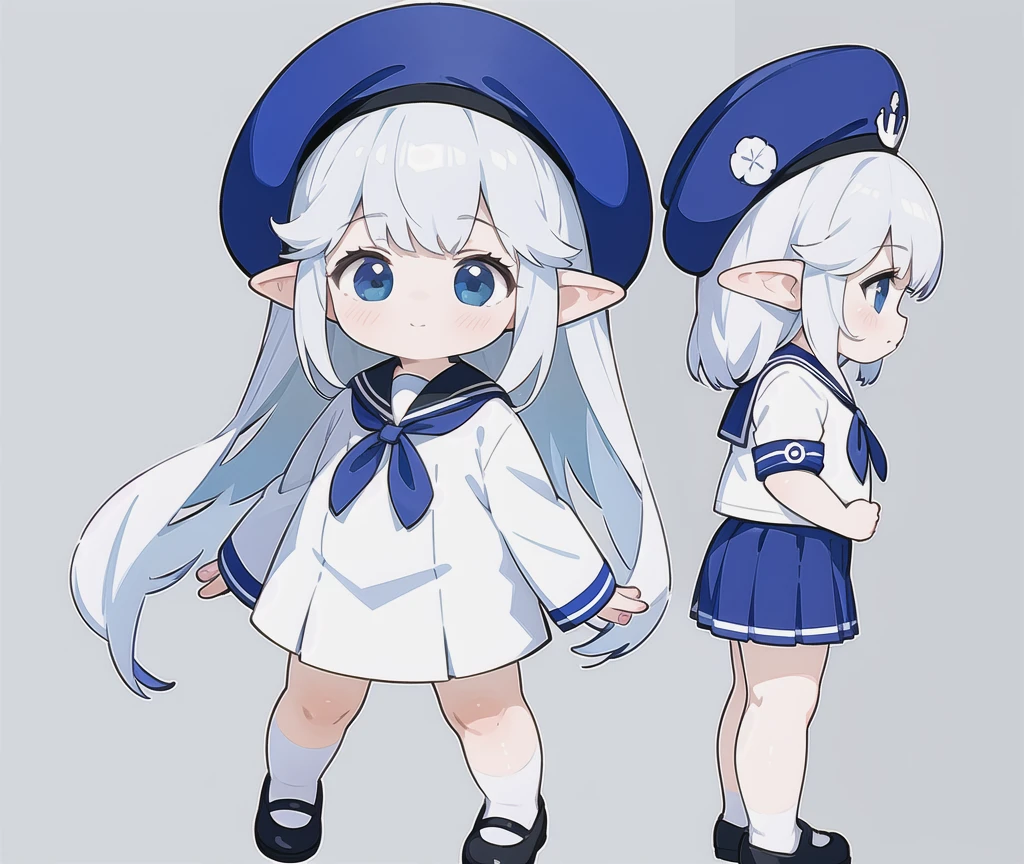 1 girl, elf ears, sailor suit, ,Positive face，Full body shot of the character，Stay，silver hair，simple background（Character division reference image）multiple views