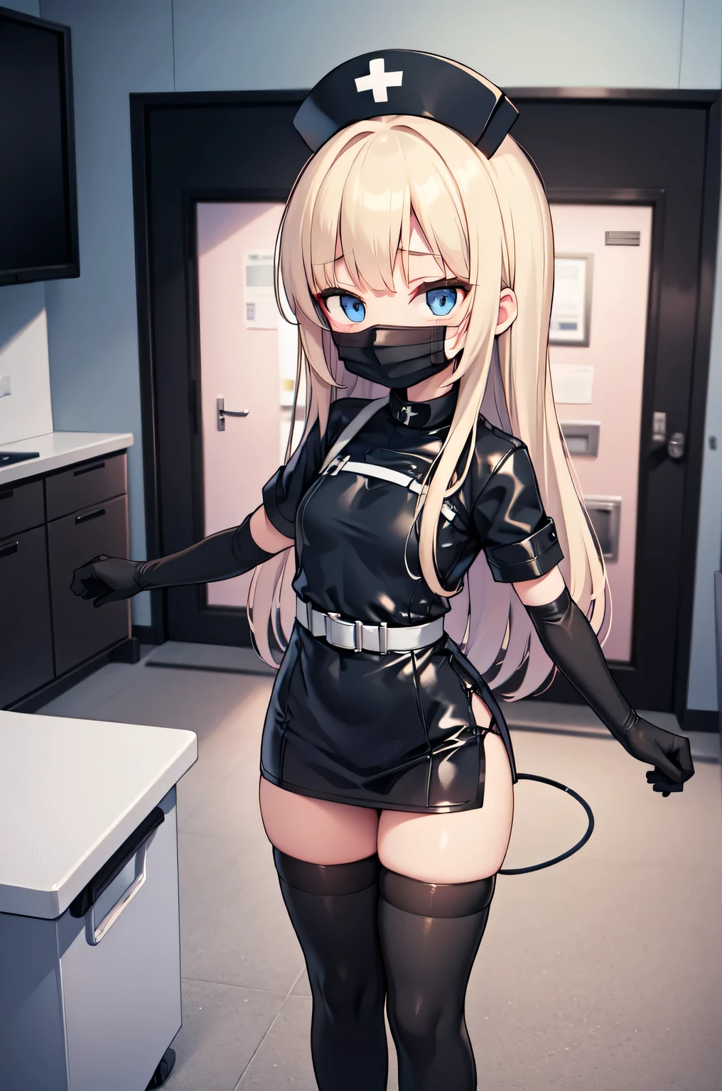 black nurse, 1woman, solo, black nurse cap, black nurse uniform, ((black legwear, zettai ryouiki)), black elbow gloves, blonde hair, blue eyes, ((black surgical mask, covered nose)), standing, ((surgery room)), sharp outline, short sleeves, mature female, 35 years old, best quality, masterpiece