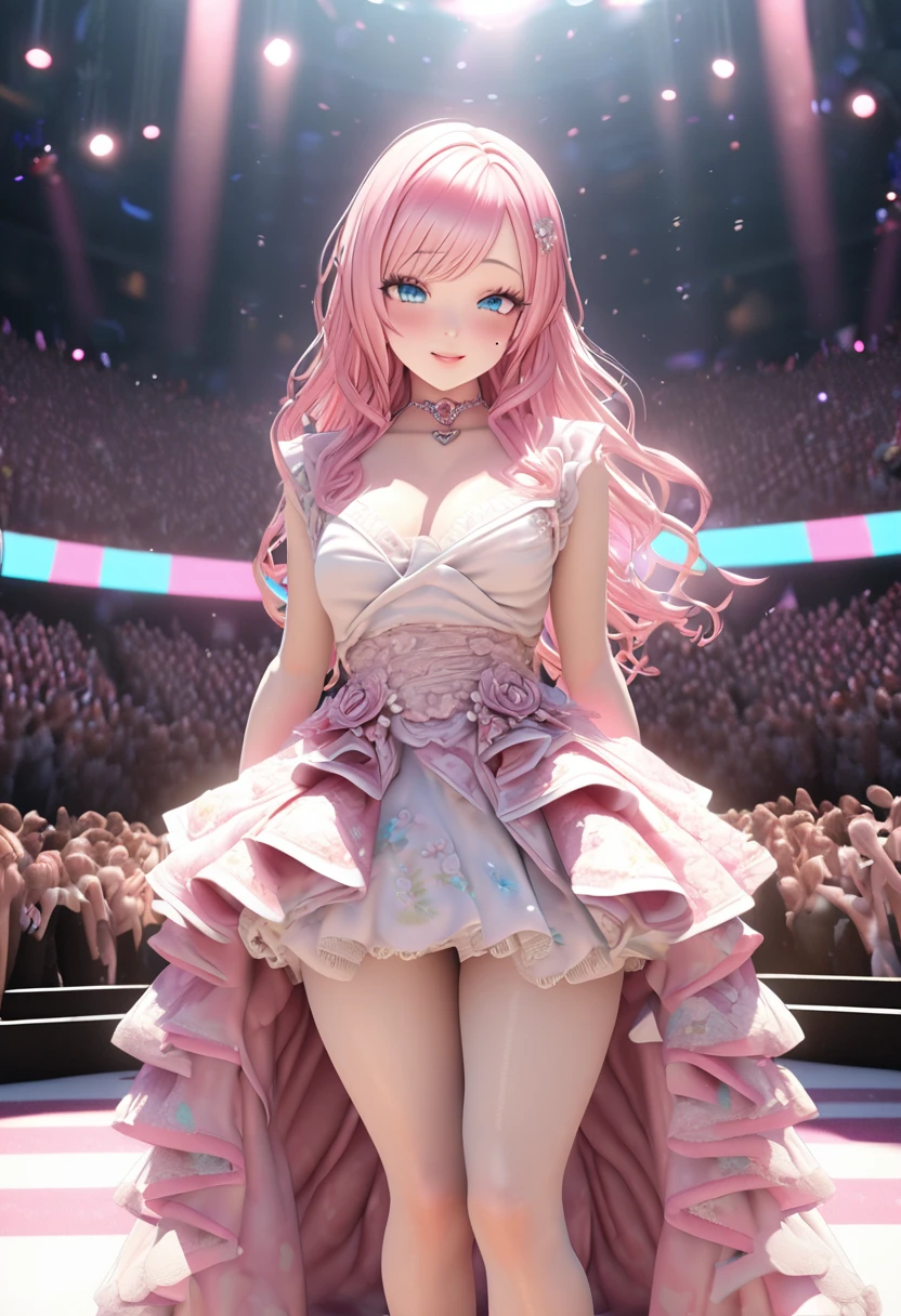 One girl looking at the audience, beautiful blue eyes, pink medium long hair, mole under eye, plump glossy lips, heart shaped choker, idol, smiling, ... 3D, realistic, princess dress with too many frills, mini skirt, draped clothes, jewels, stripped of embellishments, floral print, lace trim, bright stage, masterpiece, best quality, 8k, detailed skin texture, detailed fabric texture, beautifully detailed face, intricate details, highly detailed, ultra high resolution, 8K Ultra HD, film grain, best shadows, delicate, looking at the audience, frontal