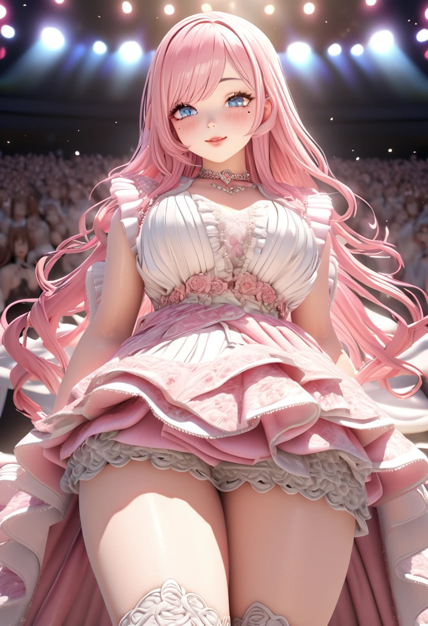 One girl looking at the audience, beautiful blue eyes, pink medium long hair, mole under eye, plump glossy lips, heart shaped choker, idol, smiling, ... 3D, realistic, princess dress with too many frills, mini skirt, draped clothes, jewels, stripped of embellishments, floral print, lace trim, bright stage, masterpiece, best quality, 8k, detailed skin texture, detailed fabric texture, beautifully detailed face, intricate details, highly detailed, ultra high resolution, 8K Ultra HD, film grain, best shadows, delicate, looking at the audience, frontal