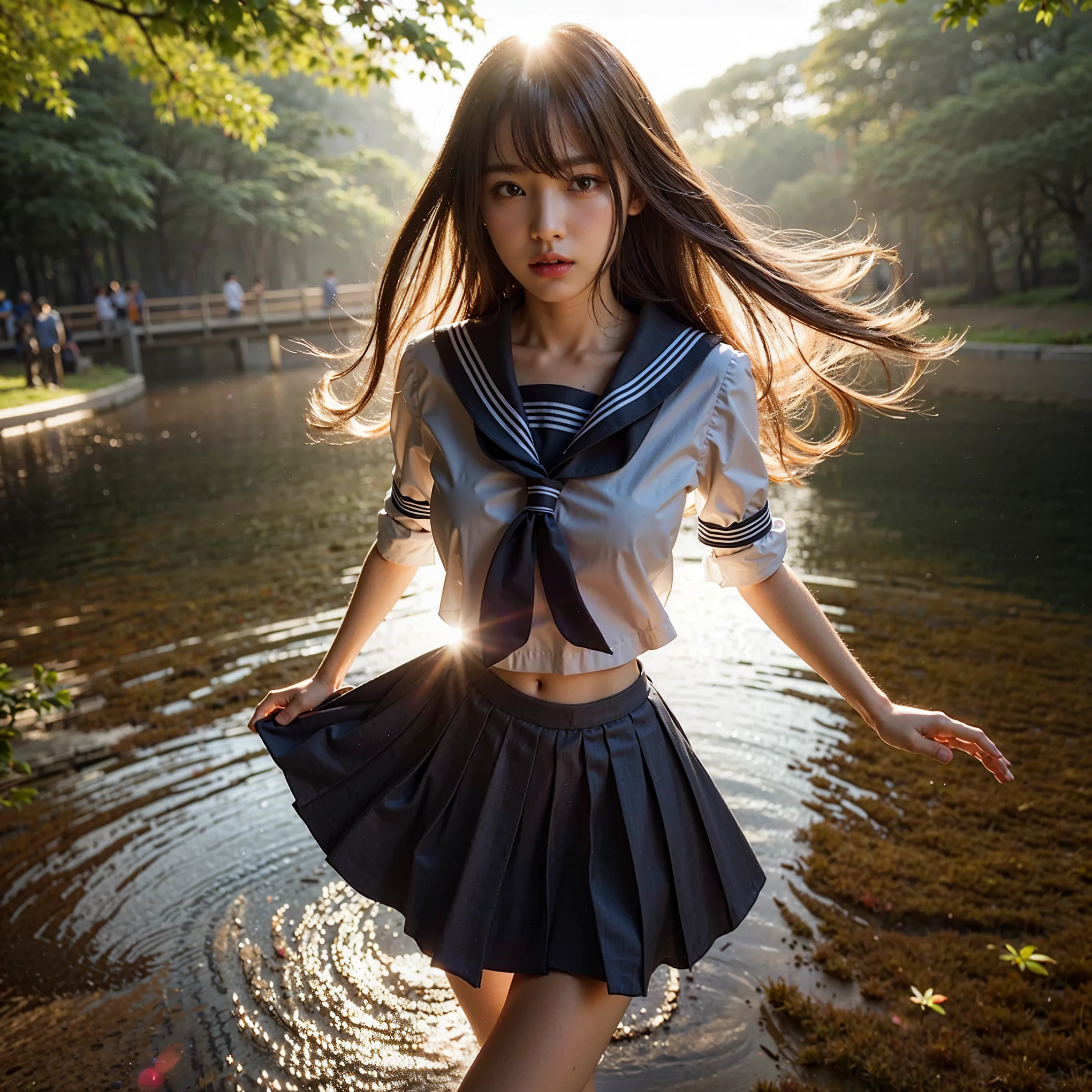 (masterpiece, best quality:1.2), (8k, uhd, ultra high res), professional lighting, (super intricate all details), (super realistic all textures), realistic photo, ultra sharp photo result, superrealism, Lakeside park with sunlight shining through the trees, (school uniform, shirt, skirt), japanese female, 17 years old, , skinny body, flat chest, extremely beautiful face, super detailed face, super real skin, super detailed eyes