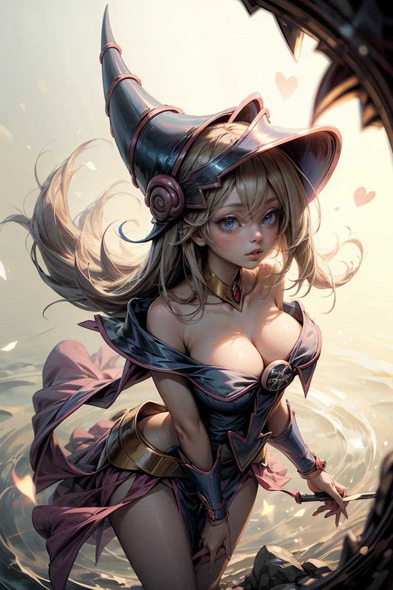 (masterpiece:1.2), (Best Quality:1.2), Perfect lighting, Black Magician Girl Casting a Spell, 20th Generation, Floating in the air, Big Breasts, Neckline, Blue Robe, Big hat, From above, shine, Yu-Gi-Oh! Games, The magic of the heart. Heart Light, Romantic Heart