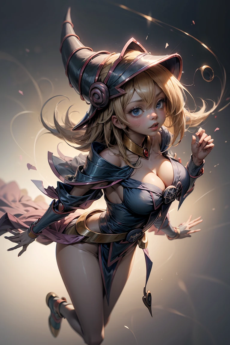 (masterpiece:1.2), (Best Quality:1.2), Perfect lighting, Black Magician Girl Casting a Spell, 20th Generation, Floating in the air, Big Breasts, Neckline, Blue Robe, Big hat, From above, shine, Yu-Gi-Oh! Games, The magic of the heart. Heart Light, Romantic Heart