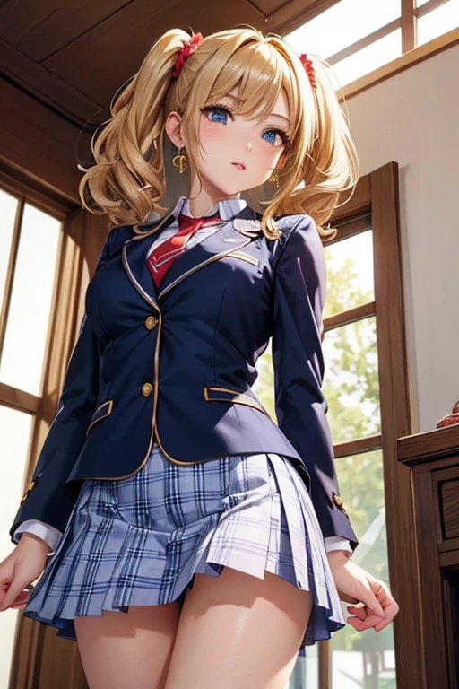 #Basics A girl is posing for a photo, animeのかわいい女の子, (((One Girl, , 16 years AK
#Clothing Accessories
((Navy blue with red trim)blazer + White collared shirt + (White check pattern on red)Pleated skirt + Red tie + Navy blue knee socks + Black Loafers),
((Golden hoop earrings)),
BREAK
#Features
(Blonde:1.4, Chest-length sideburns, Twin tails : Hair blowing in the wind + Short Hair + Curly hair + Red scrunchie),
(Droopy eyes,blue eyes), (Small breasts),
BREAK
#expression
(Embarrassing, blush),
#background environment
((noon + classroom:1.4 + Window + Sunshine)),
#composition
(Face the viewer:1.4, from below:1.4, Dynamic Pose, Cowboy Shot:1.4),
BREAK
#Body parts elements
(Beautiful Hair,Shiny Hair),
(double eyelid, Long eyelashes),
(Expression of fine eyes, Beautiful and delicate eyes, Sparkling eyes, Eye Reflexes),
(Human Ear),
(Beautiful Nose, Thin Nose),
(Glossy lips, Beautiful Lips, Thick lips), (Symmetrical facial features),
(Detailed skin, Textured skin, Beautiful Skin),
BREAK
#Quality
(((highest quality)), ((masterpiece)), ((Very detailed))), ((High resolution), (16k,1080p)),
(Realistic), (Anatomically correct),
((comics, anime)), (3DCG), CG illustration,