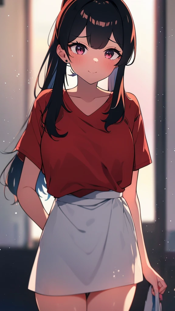 adulto, Cabello negro ondulado, mirada penetrante con ojos profundos de color rojo, estatura promedio, Silky hair with a ponytail hairstyle collected with a red bow with two white lines, tiene pechos medianos, primer plano, session, standing in the middle of his room [[[Risa malvada]]] , Sonrojada, muslos grandes, falda corta, blusa corta de tirantes blanca, elfa, showing her ass to the camera, lifting her skirt so that her panties can be seen, skirt rising,falda corta, falda llegando hasta la mitad del culo, bragas blancas, mojada, se levanta la falta hasta arriba dejando ver todo su culo, tiene vajina 