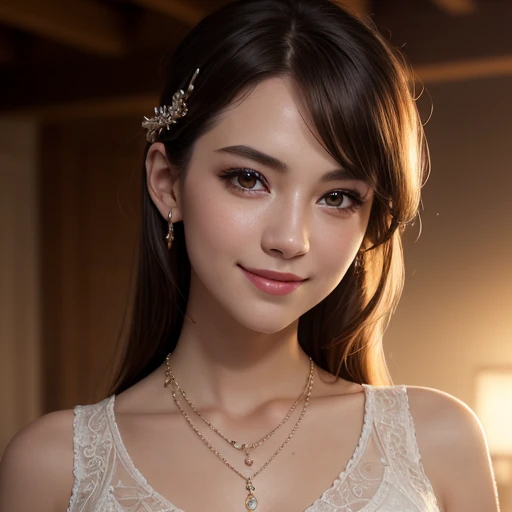 German, Beauty, Smile, Wear a short skirt, best quality, masterpiece, Hair accessories, necklace, Jewelry, Pretty Face, Physically, Tyndall effect, Practical, Side lighting, Two-color lighting, (High Detail Skin: 1.2), 8K UHD, Digital SLR Camera, Soft Light, high quality, Volumetric Light, frank,