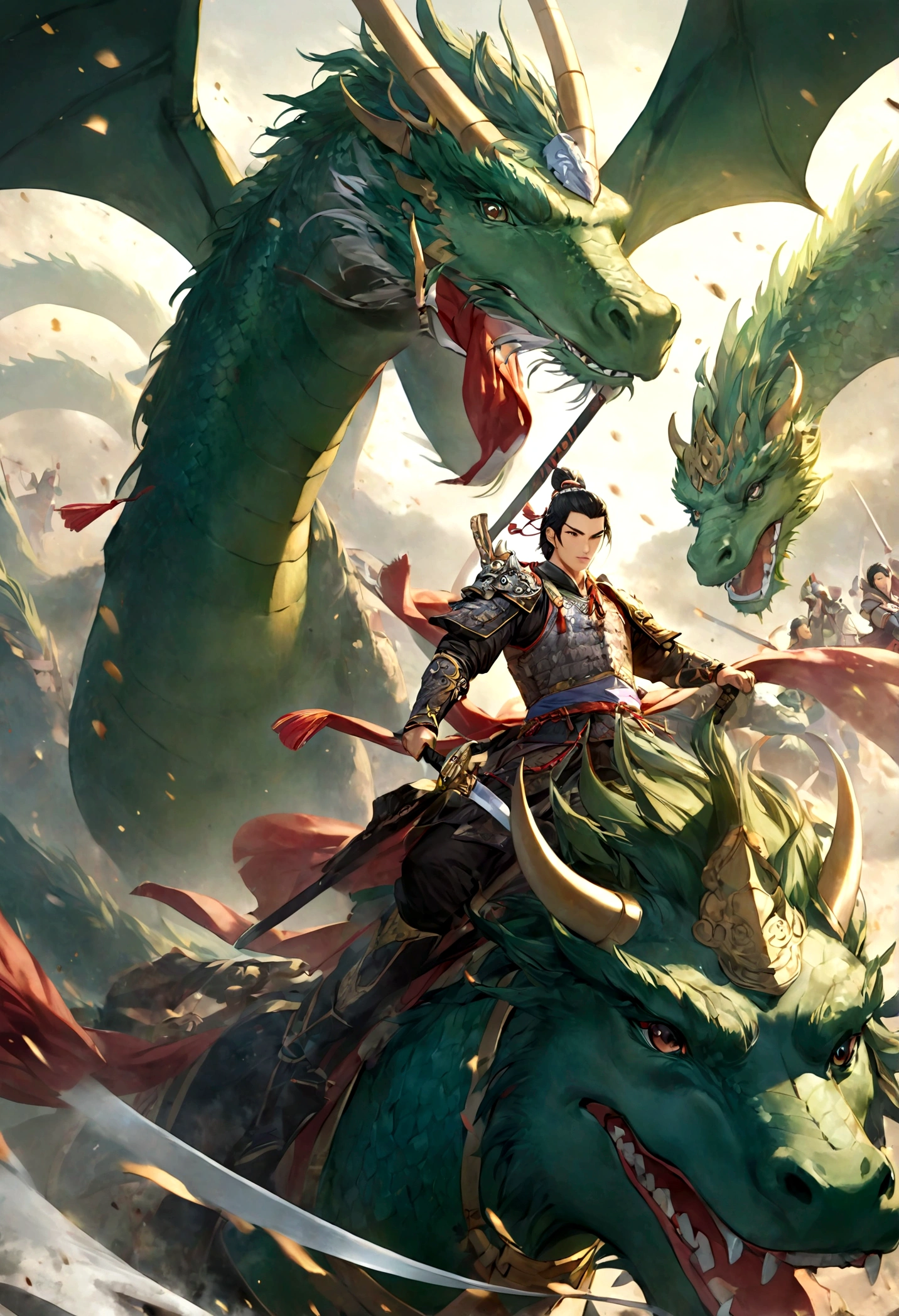 Three Kingdoms，arabian knight,Galloping on the back of a giant green dragon,Bright armor,Holding the Qinglong Yanyue Sword in one hand,Background is battlefield