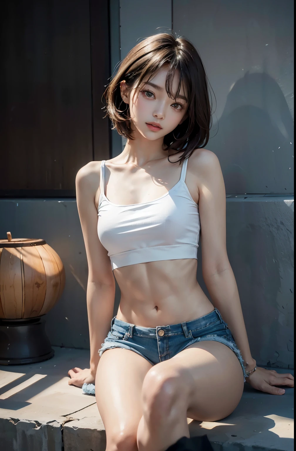 (8K Ultra HD), 9:17 Photos, 20 year old Japanese woman, (High Top Fade: 1.3), Long Hair, Dark Theme, Calm tone, pastel colour, High Contrast, Slim figure, Small breasts, Beautiful Abs, A loose short-sleeved T-shirt, Exposing shoulders, Beautiful clavicle, Shorts, Beautiful thighs, Whole body 1.5, (Natural skin texture, Surrealism, Soft Light, sharp),Real,Open your legs,