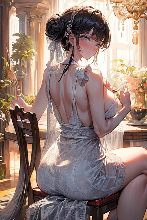 (A masterpiece of image quality in 8K),(Beautiful Allafed Woman),(((emphasizing breasts:1.3))),(Dynamic angles),(Dynamic and sexy bending pose:1.3),(sit a chair:1.3),(Short hair in shiny silver and orange inner colors,large full breasts,Disturbance of clothing due to movement,breast slip,(Ponytail twisted buns adorned with elaborate braids and beads,Braided Setup Fishbone Hair,),(see-through bangs),Huge breasts、(((A white lace apron that shows your bare skin from under your big breasts.......)))、Blush with embarrassment、Enraptured eyes、A smile that beguiles the viewer、(Look back:1.7)、Look into the photographer,skin glistening with sweat,gazing at viewer,,(Professional Lighting),(8K,masutepiece,top-quality,Ultra-high resolution output image,),(Ultra HD with complex detail image modes),depth of fields,Beautiful hands,Beautiful fingers,Detailed finger features,(Detailed hair features:1.7),detailed facial features,detailed clothes features,
