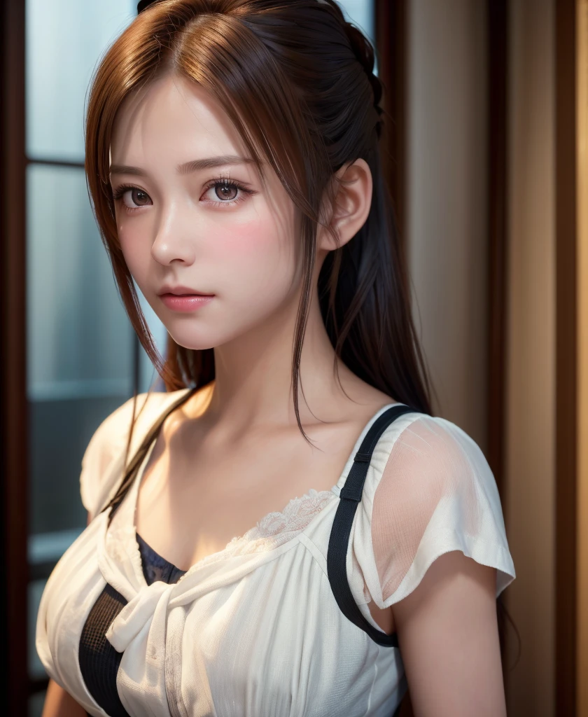 8K, of the highest quality, masutepiece:1.2), (Realistic, Photorealsitic:1.37), of the highest quality, masutepiece, Beautiful young woman, Pensive expression,、A charming、and an inviting look, Cute Maid Clothes, Hair tied back, Cinematic background, Light skin tone