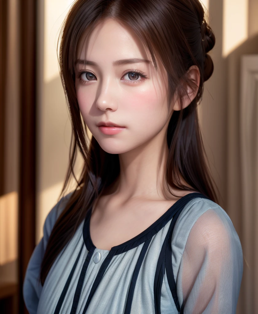 8K, of the highest quality, masutepiece:1.2), (Realistic, Photorealsitic:1.37), of the highest quality, masutepiece, Beautiful young woman, Pensive expression,、A charming、and an inviting look, Cute Maid Clothes, Hair tied back, Cinematic background, Light skin tone