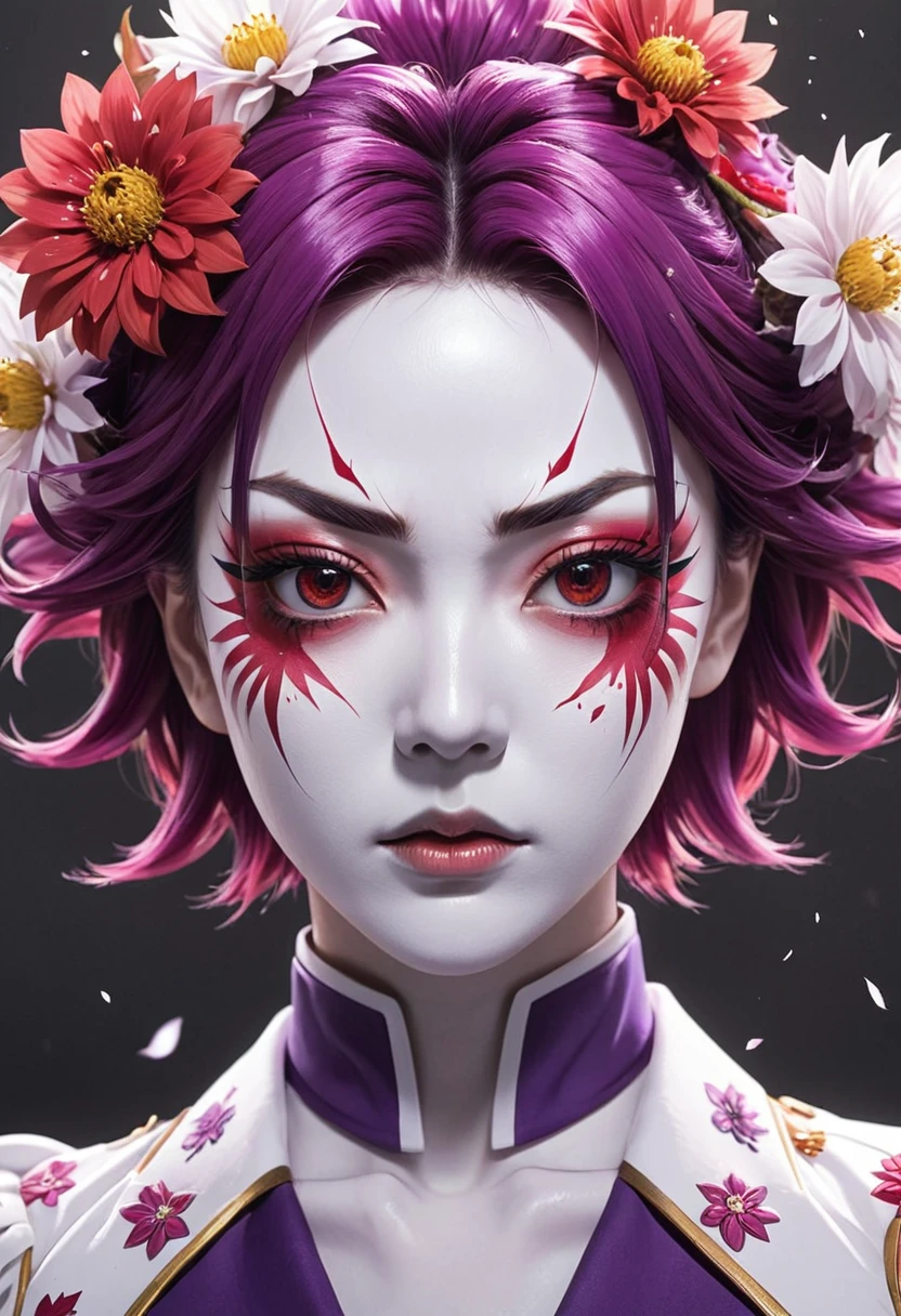 Drawing of a woman with flowers on her face, anime style, jojo anime style, detailed Anime Faces, Anime Faces, hisoka, highly detailed angry Anime Faces, Anime is an inspiration., Anime Faces, looking furious, look strict, pretty Anime Faces, Yayoi Kazuma, Anime style characters, Anime style pictures, portrait of hisoka hunter hunter