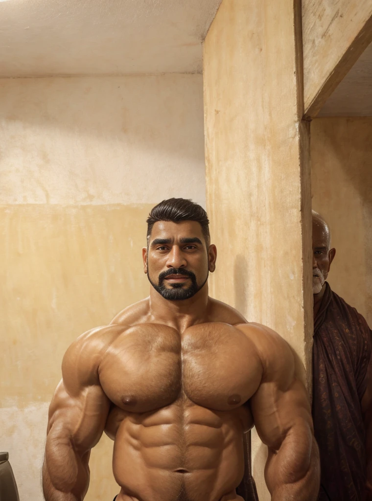 A handsome  old Indian dad with a massive beard and no shirt standing in front of a door,baldy haircut, hyper muscular, pumped, roids, huge pecs, arms, biceps, shoulders, male focus, centered, tan skin, bodybuilder, meticulous muscle definition, detailed face, big sexualy, (38 years old)