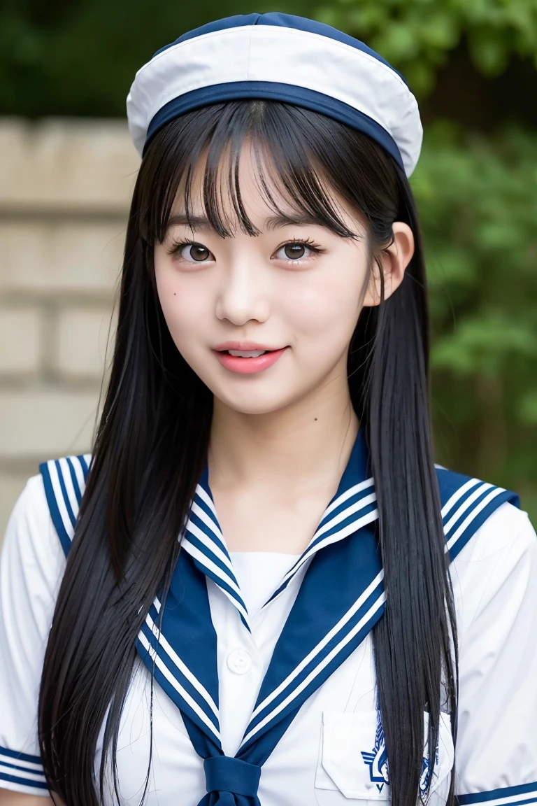 A photo of an incredibly cute Japanese high school girl in a (crisply ironed sailor uniform) goofing off and making a playful face with her tongue sticking out and eyes crossed. Her (long, flowing black hair) is styled with (cute hair clips) and she has a (bright, mischievous glint) in her eyes. The background is a blur of vibrant green, suggesting a park or schoolyard.
