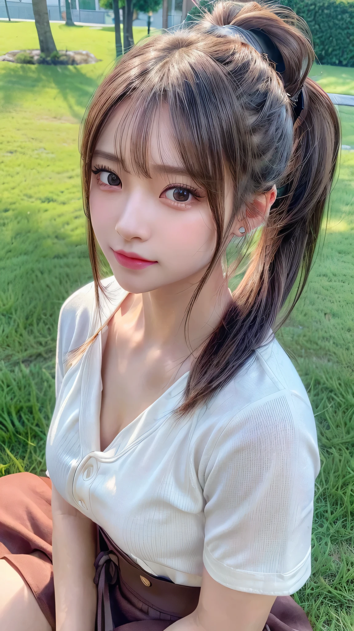 One piece with collar,outdoors,Urban Park,On the lawn,Ultra-detailed, finely detail, hight resolution, 8K Wallpaper, Perfect dynamic composition, Beautiful detailed eyes,Outdoor,Close-up of face,Outdoor,Blushing,Facing forward,,Long hair ponytail,((8K, Raw photo, Best Quality, Mastepiece:1.2), (Realism, Photorealistic:1.4), (Highly detailed 8k wallpaper), Depth of written boundary, Cinematic Lighting, Soft Light, Detailed Beauty Eye,Shiny and smooth light brown ponytail, Asymmetrical bangs, Shiny skin, Ultra-detailed skins ,It is high resolution., High detail, Detailed hairstyle, Detailed facial beauty, Hyper-realistic, Perfect limbs, Perfect Anatomy ,1 Japanese girl,Famous Japanese Idols, Perfect female body,A shy smile,Short eyelashes,Double-edged eyelids,Look straight here,Hair style: ponytail,