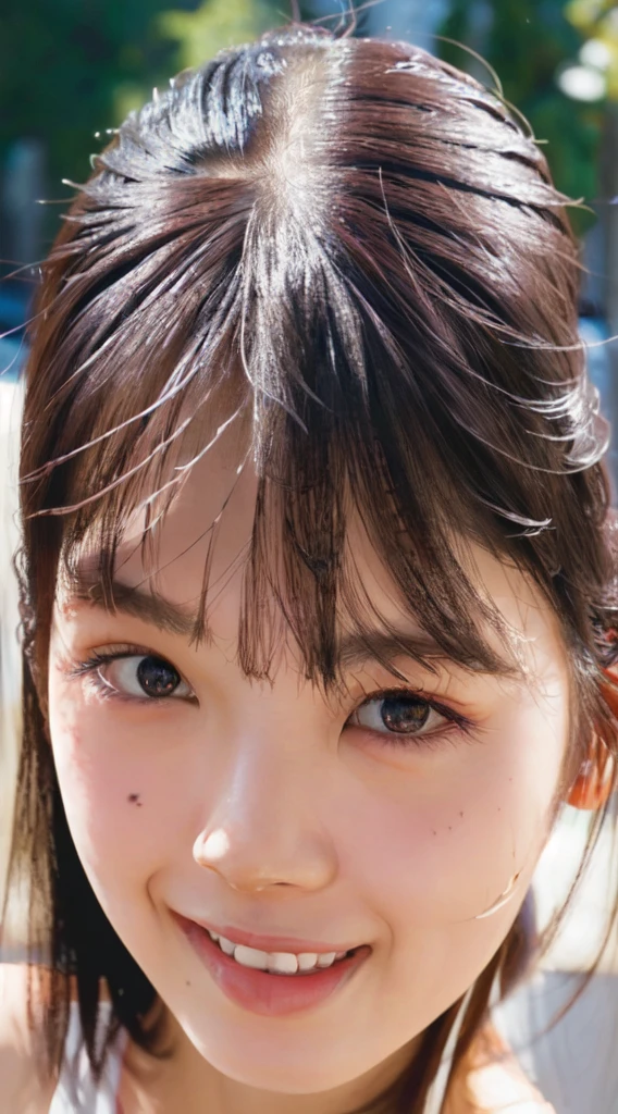 ((((masterpiece, best quality, high resolution)))), Extremely detailed 8K, Beautiful girl with voluptuous body, (Ultra HD, Ultra-detailed, Highly detailed, Highly realistic, Ultra-realistic, photograph realistic), (1girl:1.5), (Realistic white hair), short wavy hair, bob cut, (dynamic poses), facing at camera, light smile, purple eyes, average breasts, (beautiful detailed face, beautiful detailed eyes), (white tank top, thin material), cleavage, dark jean shorts, glow, sweat, (sunbeam, sunlight)