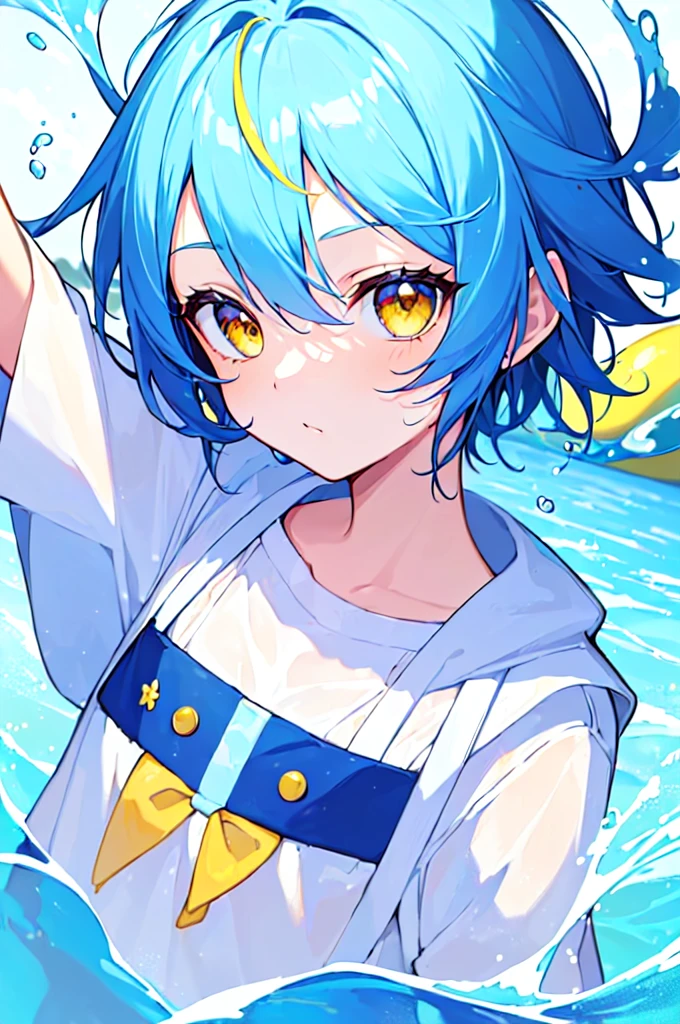 [(WHITE BACKGROUND:1.5),::5], ((((masterpiece)))), high quality, very_high_resolution, large_filesize, upper body, full color, ((Solo)), ((little boy)), 13 old year, short deepblue hair, vivid color, ((yellow eye)), Summer clothes white, animestyle, (NeonSoda Splash effect:1.3)