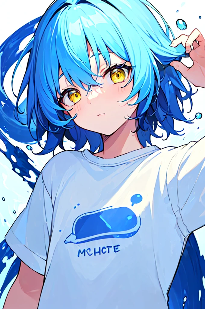 [(WHITE BACKGROUND:1.5),::5], ((((masterpiece)))), high quality, very_high_resolution, large_filesize, upper body, full color, ((Solo)), ((little boy)), 13 old year, short deepblue hair, vivid color, ((yellow eye)), Summer clothes white, animestyle, (NeonSoda Splash effect:1.3)
