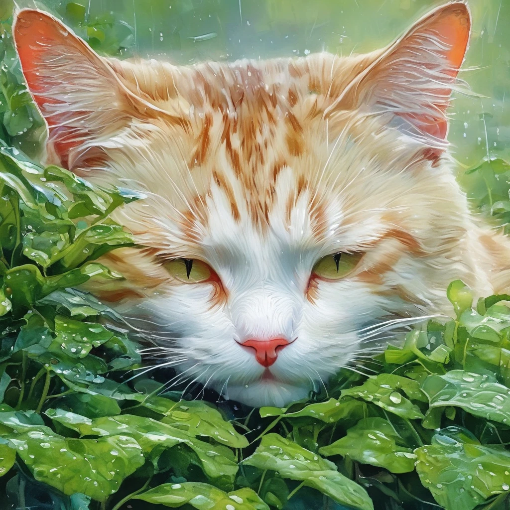 Sleeping cat, Wet day, Wide landscape, (highest quality,4K,8k,High resolution,masterpiece:1.2),Super detailed,(Realist,photo Realist,photo Realist:1.37),Detailed eyes,Detailed lips, (a cat:0.1),