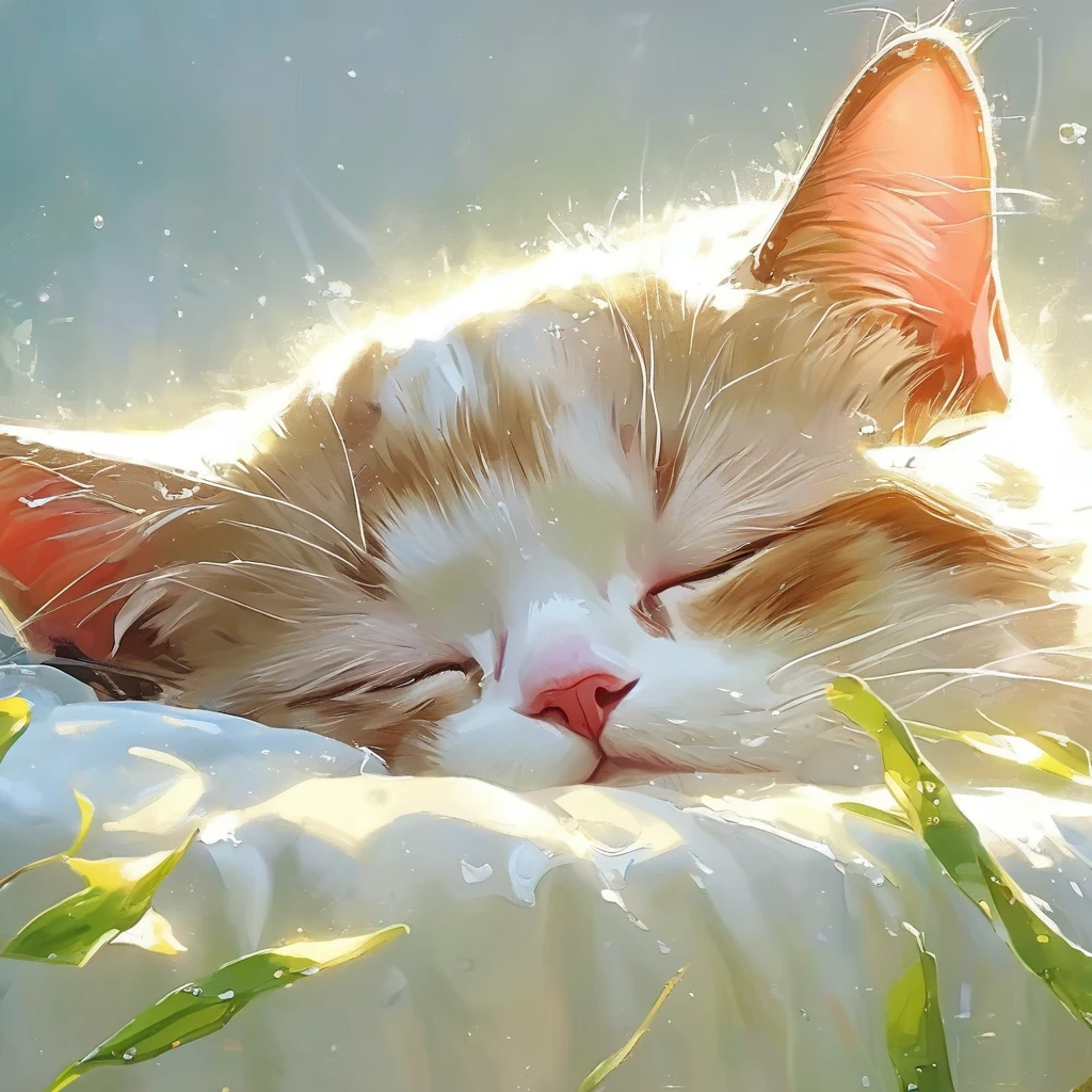 Sleeping cat, Wet day, Wide landscape, (highest quality,4K,8k,High resolution,masterpiece:1.2),Super detailed,(Realist,photo Realist,photo Realist:1.37),Detailed eyes,Detailed lips, (a cat:0.1),