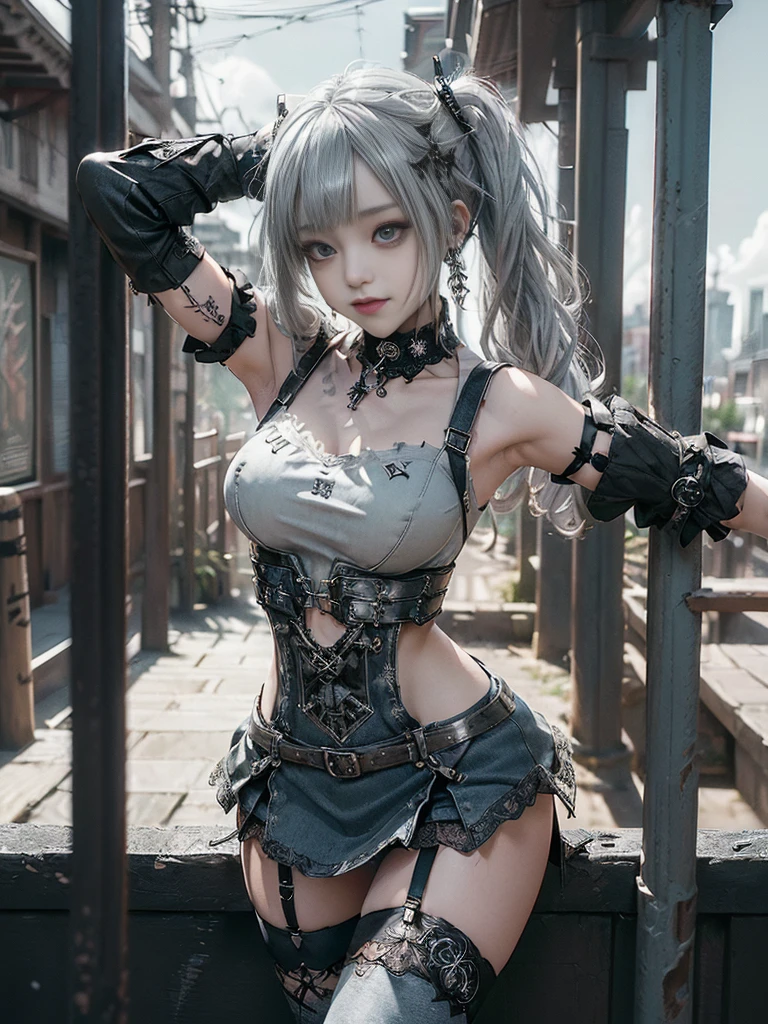 (Full Body View:1.3)、(Back view:1.1)、(Wearing a thong:1.4)、(Accentuate your butt:1.3)、(Smiling with teeth showing:1.3),(Shibuya Gal:1.5)、(Neo-goth style fashion:1.5)、(Punk RockVisual Kei:1.4)、(A high-leg bodysuit in a delicate design of denim, silver and black:1.5)、(Denim, black gloves and sailor shirt:1.5)、(Denim high heels:1.3)、(Wearing silver accessories:1.5)、(Denim collar:1.4)、(Black Leather Garter Belt:1.4)、(Brown Skin Belt:1.3)、(Black lace underwear:1.5)、20-year-old、NSFW、((Highest quality、In 8K、masterpiece:1.3))、Sharp focus:1.2、(Layered Cut、Huge boobs:1.1),Beautiful woman with perfect figure:1.4、(Dancing vigorously:1.3)、Slender Abs:1.2、Highly detailed face and skin texture、Detailed eyes、double eyelid,(Twin tails:1.3)、(Cream colored hair:1.3)、Gravure idol、(The Caribbean cityscape in the background:1.3)、(Slim Body:1.3),(Make your legs thinner:1.4),(clavicle:1.1)