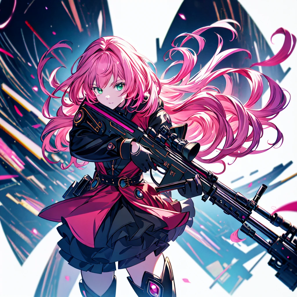 1girl、[17277fbe68],minaba hideo、High quality、Maximum detail、(((highest quality、Masterpiece、Official Art、The best dynamic composition)))、(Fine hair)、(Tabletop, highest quality), Super detailed, Anime Style, whole body, Cyberpunk Girl, Gripping a high-tech rifle, Pink Hair, Glowing green eyes, Wearing a magical girl costume , 8K High Resolution, Trend Art Station, White Background, Standing in the Wilderness, whole body,