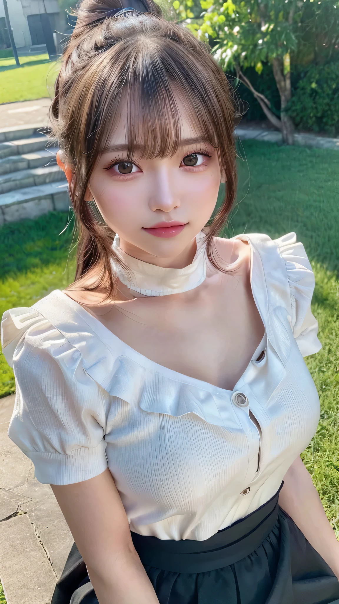 One piece with collar,outdoors,Urban Park,On the lawn,Ultra-detailed, finely detail, hight resolution, 8K Wallpaper, Perfect dynamic composition, Beautiful detailed eyes,Outdoor,Close-up of face,Outdoor,Blushing,Facing forward,,Long hair ponytail,((8K, Raw photo, Best Quality, Mastepiece:1.2), (Realism, Photorealistic:1.4), (Highly detailed 8k wallpaper), Depth of written boundary, Cinematic Lighting, Soft Light, Detailed Beauty Eye,Shiny and smooth light brown ponytail, Asymmetrical bangs, Shiny skin, Ultra-detailed skins ,It is high resolution., High detail, Detailed hairstyle, Detailed facial beauty, Hyper-realistic, Perfect limbs, Perfect ??????? ,1 Japanese girl,Famous Japanese Idols, Perfect female body,A shy smile,Short eyelashes,Double-edged eyelids,Look straight here,Hair style: ponytail,