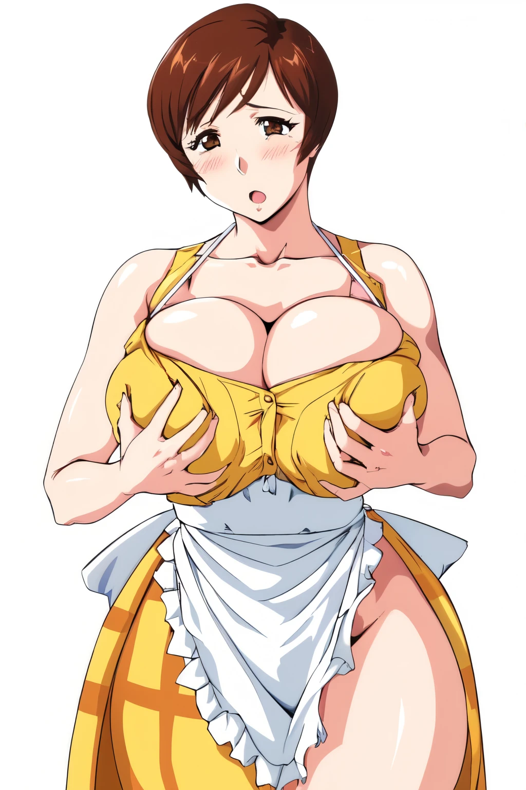 masterpiece, highest quality, High resolution, One girl, alone, sexual intercourse, Pornographic images, short hair, etsukoto, Brown eyes, fine grain, fine grain, (((Thick thighs, Plump thighs, Voluptuous thighs, Thighs alone are enough))), Huge and ample breasts, Cleavage, Huge long breasts, Naughty big,((Big breasts are important))、((Naughty thighs)), L Cup, (thin:1.4),(Tight waist:1.4), (Yellow Dress:1.4), ((white waist apron)), White panties, anguish, :o, blush, (((Simple Background))), ((Wide Hips)), Shiny, Oily skin, Mature mother, Calf, Seductive mature woman, Perfect body, Plus Size Model, etsukoto, blush, clavicle, retro artstyle, 1990s (style), ((grabbing own breast byself)),