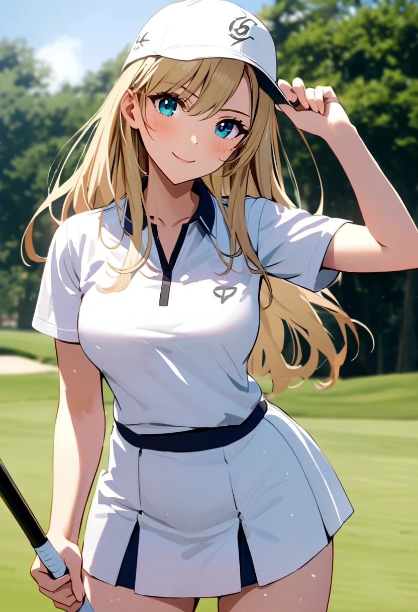 sound high resolution 8k beauty Woman playing golf Golf course Beautiful woman semi-long Blonde White Golf Wear mini skirt smile looking at the camera Sunburn mark victory tall