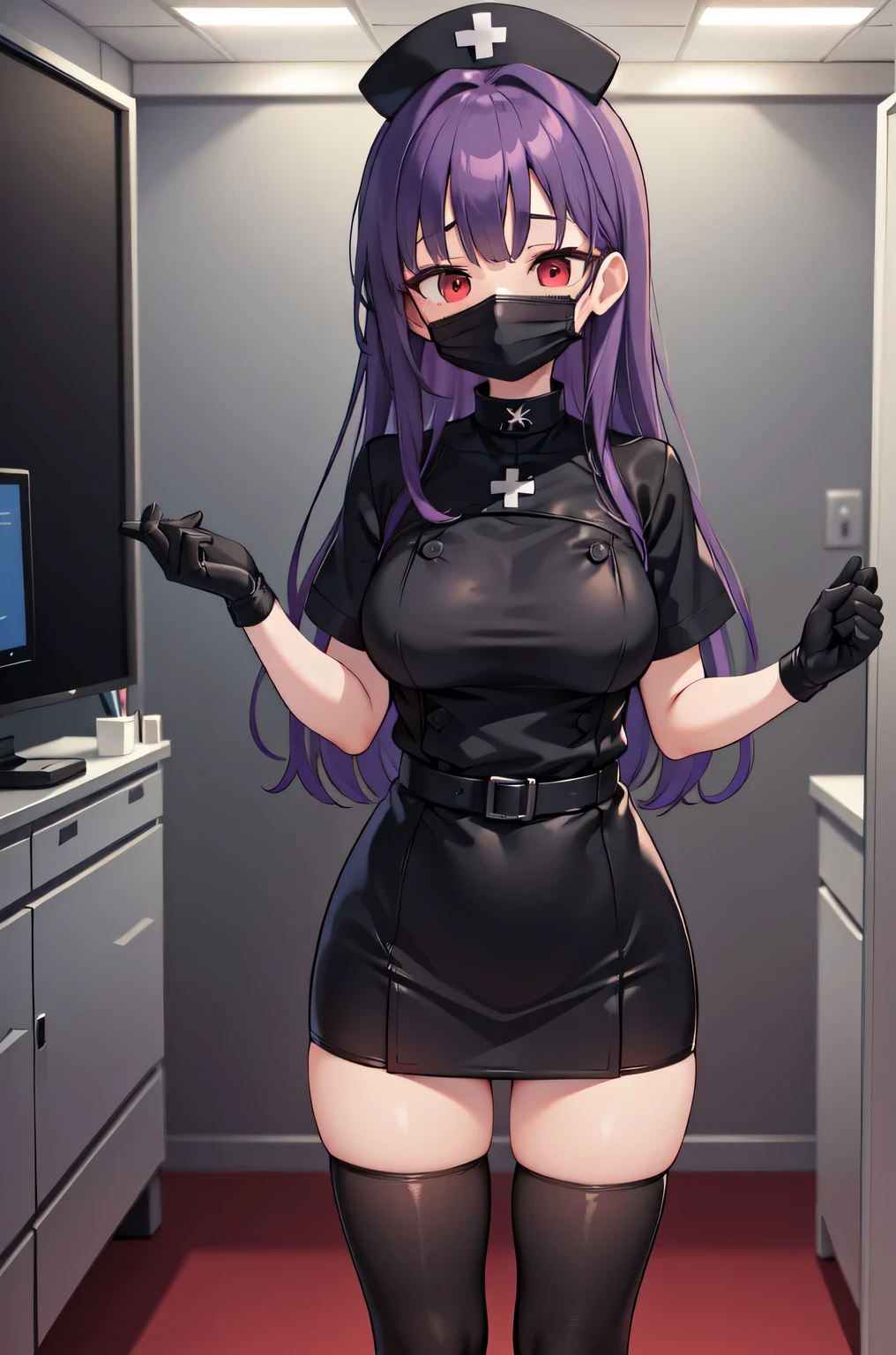 black nurse, 1woman, solo, black nurse cap, black nurse uniform, ((black legwear, zettai ryouiki)), black elbow gloves, long hair, purple hair, red eyes, ((black surgical mask, covered nose)), standing, ((surgery room)), sharp outline, short sleeves, mature female, 35 years old, best quality, masterpiece