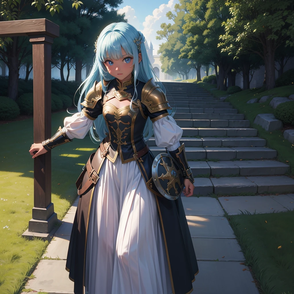 最high quality、high quality、10 years old、Wearing leather armor、Girl Adventurer、Climb the labyrinth stairs、Long skirt、Equipped with a dagger and a shield、