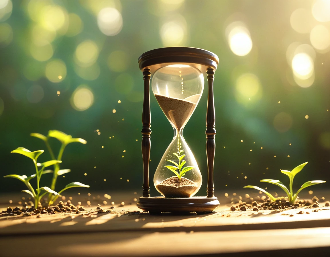 Produce a 4K image of an hourglass standing on a wooden table. Instead of sand, the hourglass contains rich soil and tiny tree seeds sprouting and growing as time passes. Use a close-up shot from the side to focus on the details inside the hourglass. The lighting should be soft and diffuse, like sunlight through a window, highlighting the growth. Ensure the image is highly detailed, in sharp focus, and of very high quality with no blur.