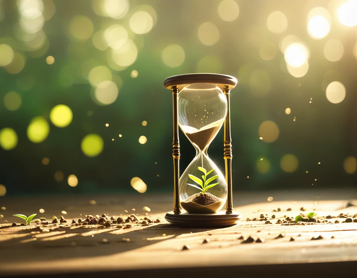 Produce a 4K image of an hourglass standing on a wooden table. Instead of sand, the hourglass contains rich soil and tiny tree seeds sprouting and growing as time passes. Use a close-up shot from the side to focus on the details inside the hourglass. The lighting should be soft and diffuse, like sunlight through a window, highlighting the growth. Ensure the image is highly detailed, in sharp focus, and of very high quality with no blur.
