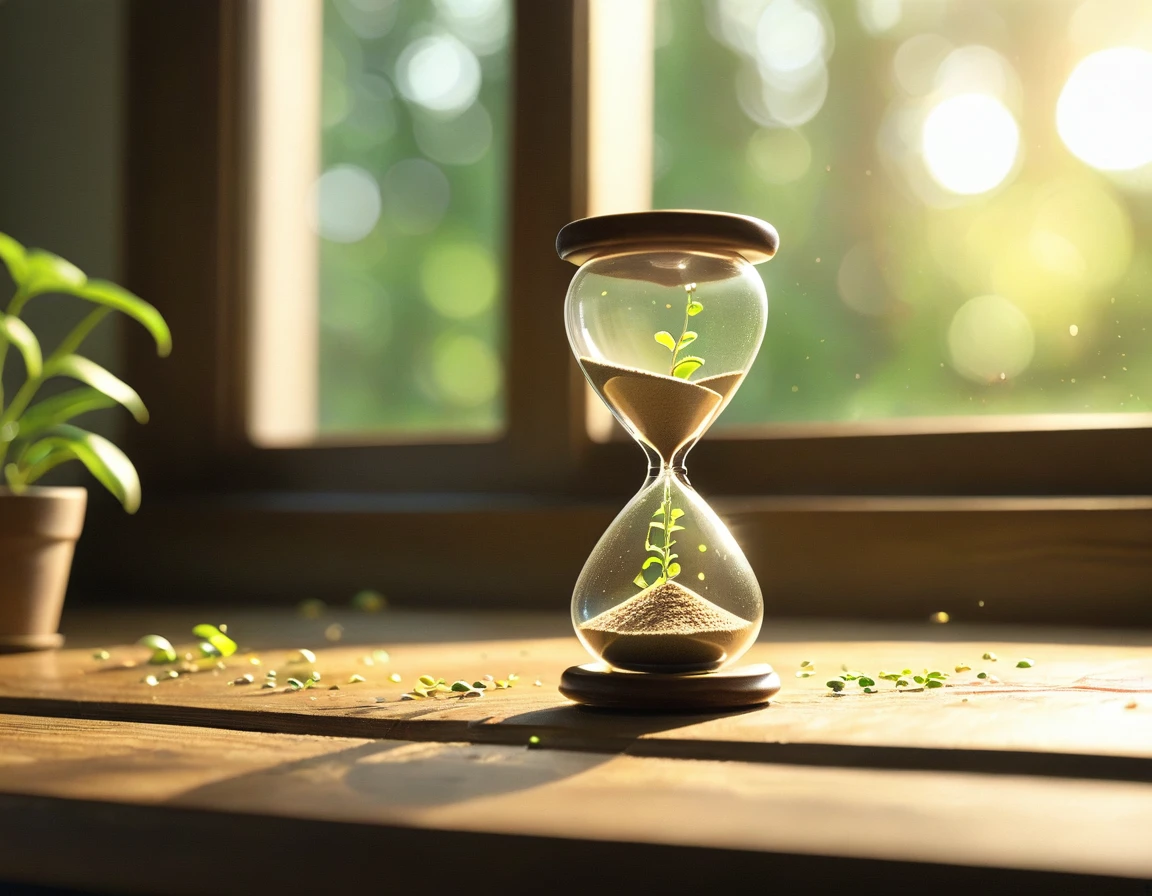 Produce a 4K image of an hourglass standing on a wooden table. Instead of sand, the hourglass contains rich soil and tiny tree seeds sprouting and growing as time passes. Use a close-up shot from the side to focus on the details inside the hourglass. The lighting should be soft and diffuse, like sunlight through a window, highlighting the growth. Ensure the image is highly detailed, in sharp focus, and of very high quality with no blur.