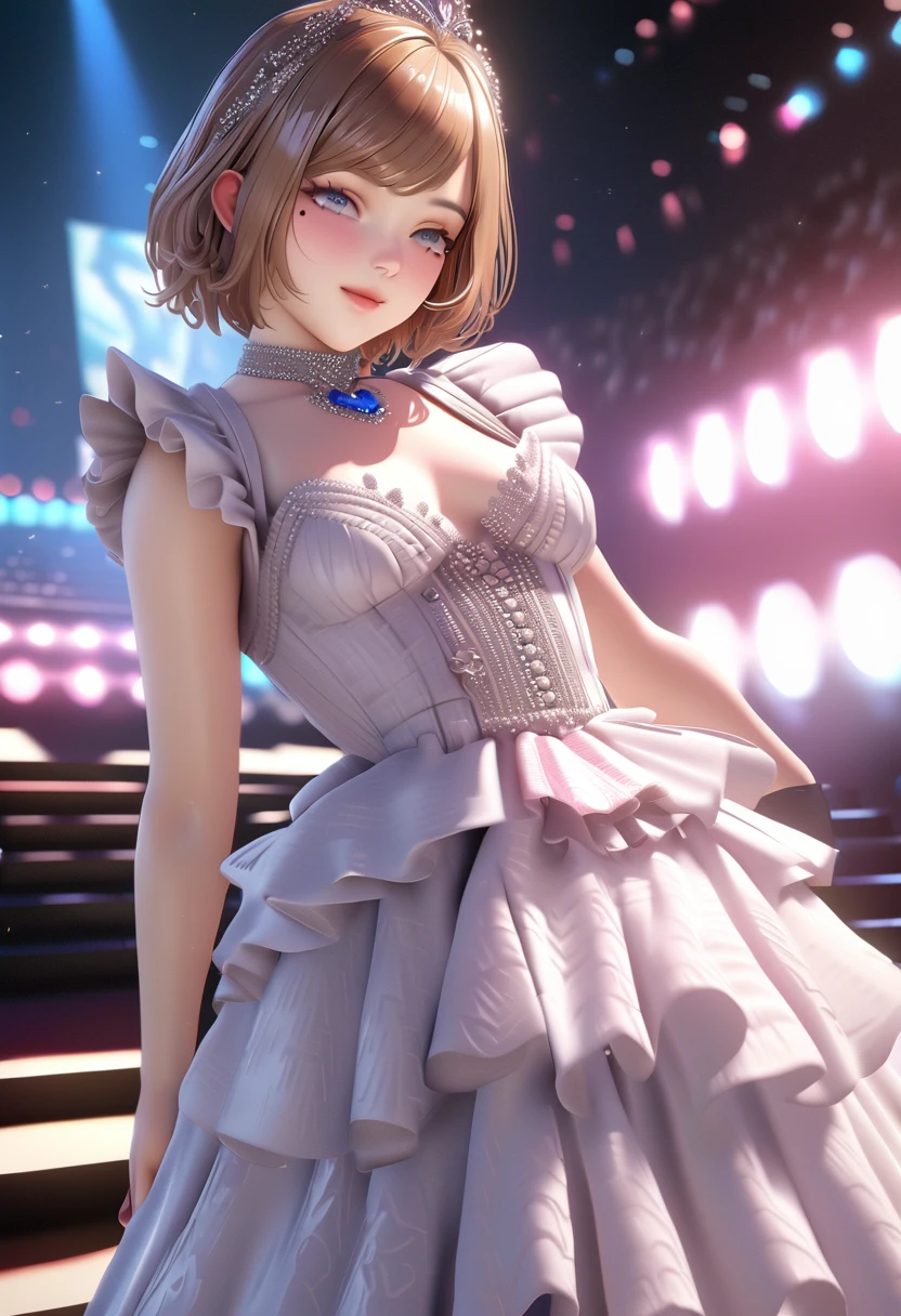 One girl, looking at the audience,
beautiful blue eyes, brown short hair, mole under eye, plump glossy lips, heart shaped choker, idol, smiling, . . . . 3D, realistic,
princess dress with too many frills, draped clothes, jewels, embellishments stripped away, floral patterns, lace trim, bright stage,
masterpiece, best quality, 8k, detailed skin texture, detailed fabric texture, beautifully detailed face, intricate details, highly detailed,
ultra high resolution, 8K Ultra HD, film grain, best shadows, delicate, looking at the audience, front
