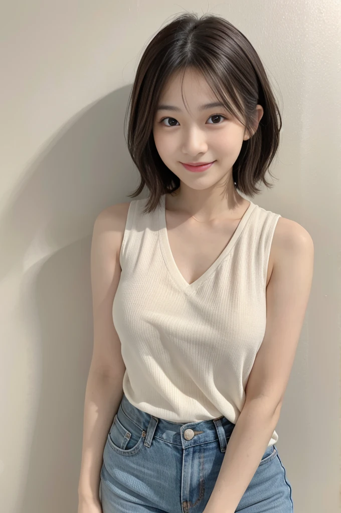 Flying debris、highest quality、shape、 Very detailed、Fine details、 High resolution、8K Dende Wallpaper、Perfect dynamic composition、27歳のpretty girl、pretty girl、Beautiful face in every detail、Small and cute eyes、Textured skin、A modest smile、Wavy short hair、Small breasts、Casual wear、Sleeveless shirt、Bold sexy pose、