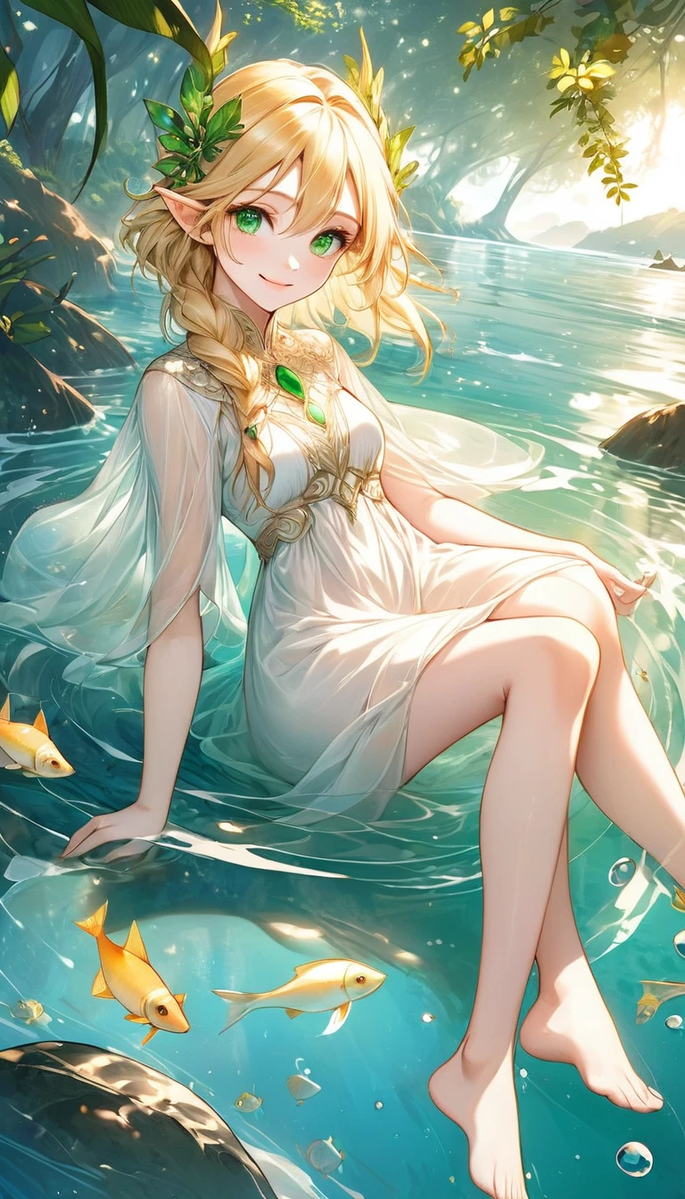 Create a digital illustration of a beautiful elven woman with blonde hair and emerald eyes wearing a white dress. She should be depicted in a relaxing setting, at the beach with her feet in the water, with a serene smile. She should have a beautiful symmetrical face with golden proportions. She should be surrounded by a calm and gentle atmosphere. Add soft, dappled lighting to enhance the magical and enchanting environment. The art style should be detailed with delicate, thin lines, with the face and fingers drawn with precision and accuracy. The overall image should have a transparency and ethereal quality similar to fantasy art.